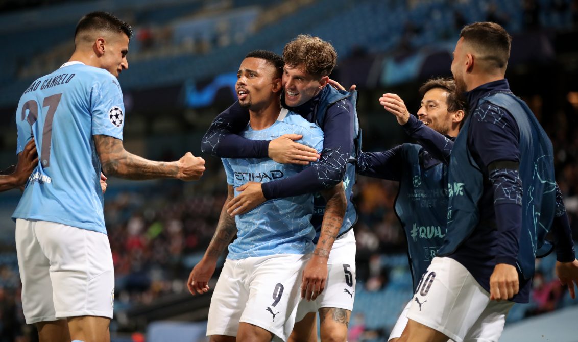 07 August 2020, England, Manchester: Manchester City's Gabriel Jesus (2nd L) celebrates scoring his side's second goal with teammates during the UEFA Champions League round of 16 second leg soccer match between Manchester City and Real Madrid at the Etihad Stadium. Photo: Nick Potts/NMC pool via PA Wire/dpa