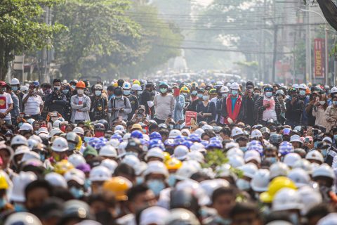 07 March 2021, Myanmar, Mandalay: Protesters gather during a demonstration against the military coup and the detention of civilian leaders. Photo: Kaung Zaw Hein/SOPA Images via ZUMA Wire/dpa