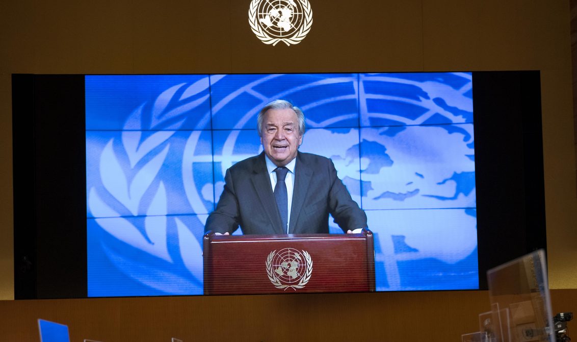 HANDOUT - 28 February 2022, Switzerland, Geneva: UN Secretary-General Antonio Guterres delivers a video message at the 49th regular session of the Human Rights Council of the United Nations (UN). Photo: Jean Marc Ferré/UN Photo/dpa - ATTENTION: editorial use only and only if the credit mentioned above is referenced in full