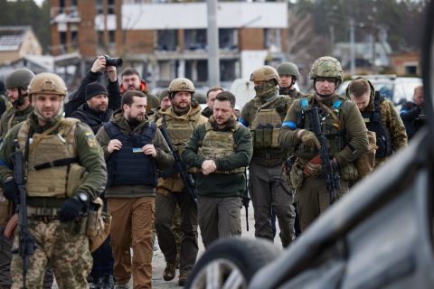 04 April 2022, Ukraine, Bucha: Ukrainian President Volodymyr Zelensky visits the town of Bucha in Kyiv Region, where mass killings of civilians occurred during the occupation by Russian troops. Photo: President Of Ukraine/ZUMA Press Wire Service/dpa