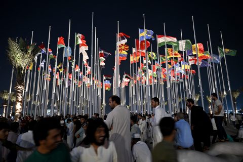 19 November 2022, Qatar, Doha: Flags of competing nations wave in the wind on the Flag Plaza, ahead of the 2022 FIFA Qatar World Cup. Photo: Robert Michael/dpa