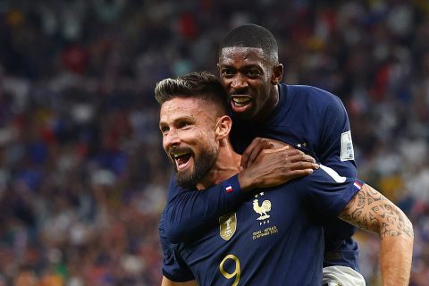 22 November 2022, Qatar, Al Wakrah: France's Olivier Giroud (L) celebrates scoring his side's second goal with teammate Ousmane Dembele during the FIFA World Cup Qatar 2022 Group D soccer match between France and Australia at Al Janoub Stadium. Photo: Tom Weller/dpa