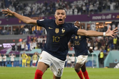 26 November 2022, Qatar, Doha: France's Kylian Mbappe celebrates scoring his side's second goal during the FIFA World Cup Qatar 2022 Group D soccer match between France and Denmark at Stadium 974. Photo: Robert Michael/dpa