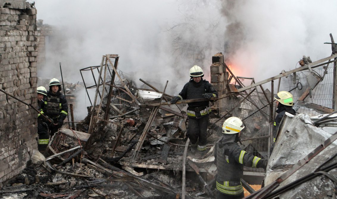 26 November 2022, Ukraine, Dnipro: Rescuers remove the rubble at the ruins of a house as a result of shelling by Russian troops. Photo: -/Ukrinform/dpa