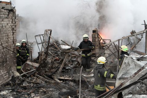 26 November 2022, Ukraine, Dnipro: Rescuers remove the rubble at the ruins of a house as a result of shelling by Russian troops. Photo: -/Ukrinform/dpa