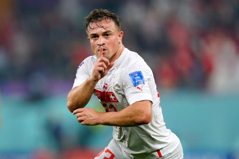 02 December 2022, Qatar, Doha: Switzerland's Xherdan Shaqiri celebrates scoring his side's first goal during the FIFA World Cup Qatar 2022 Group G soccer match between Serbia and Switzerland at Stadium 974. Photo: Mike Egerton/PA Wire/dpa